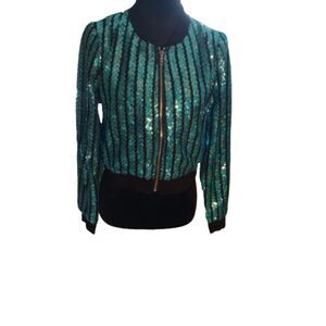 Allegra K Women's Size Small Green Sequin Zipper Up Jacket -NWT